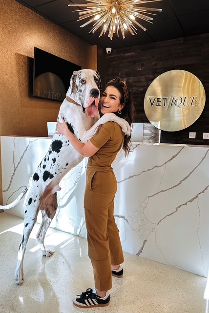 Dr. Jennifer Remnes with a Great Dane at Vetique
