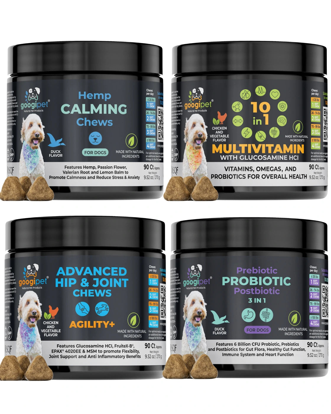 Googipet 4-Pack Ultimate Bundle for Dogs | Multivitamin, Probiotic, Hip and Joint & Hemp Calming Chews